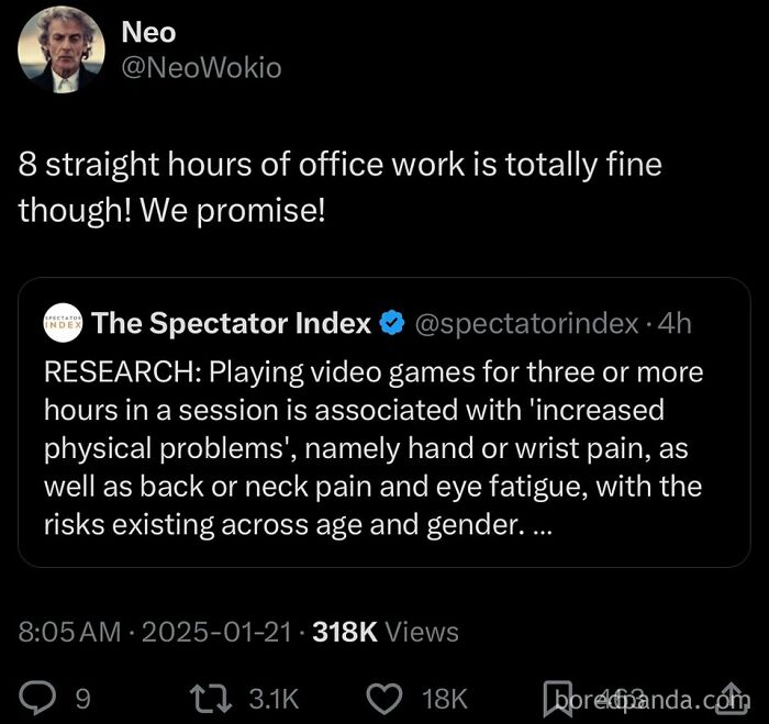Humorous meme about office work with a tweet comparing video game risks to prolonged working hours.