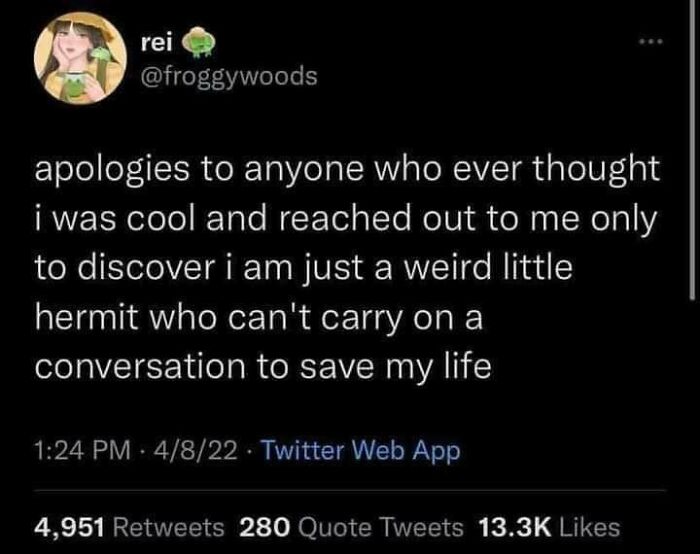 Twitter post from @froggywoods about being a hermit, reflecting cheerful nihilism with humor and self-awareness.