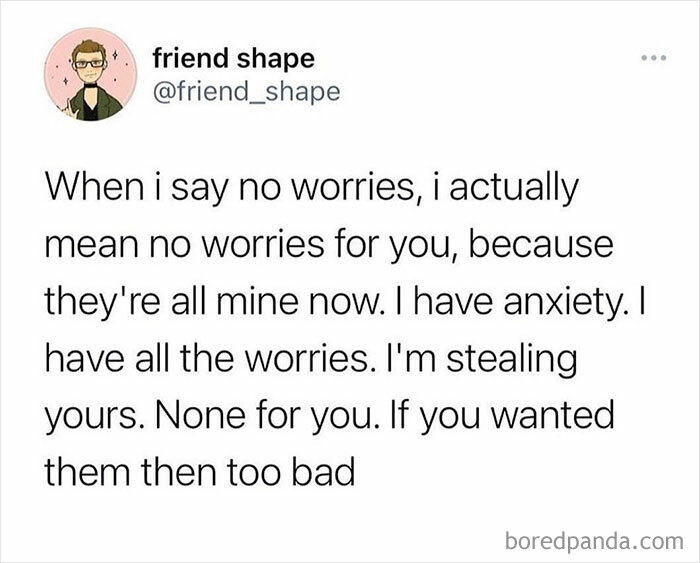 Twitter post humorously expressing anxiety by taking on all worries, with a cartoon avatar.