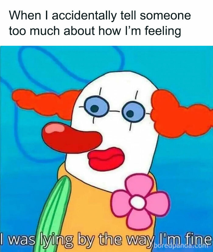 Clown character in a meme humorously depicting awkward oversharing feelings.