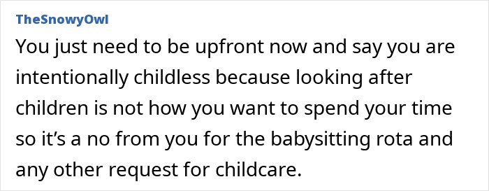 Text about being childfree and declining babysitting requests.