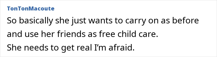 Comment discussing childfree friend group baby drama.