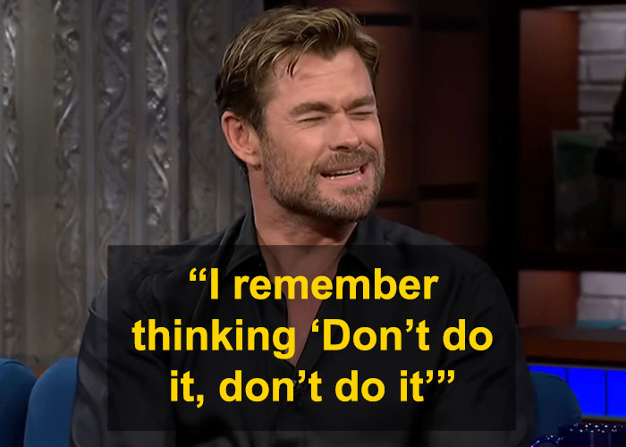 Chris Hemsworth during an interview, expressing regret over a selfie incident at the Oscars.