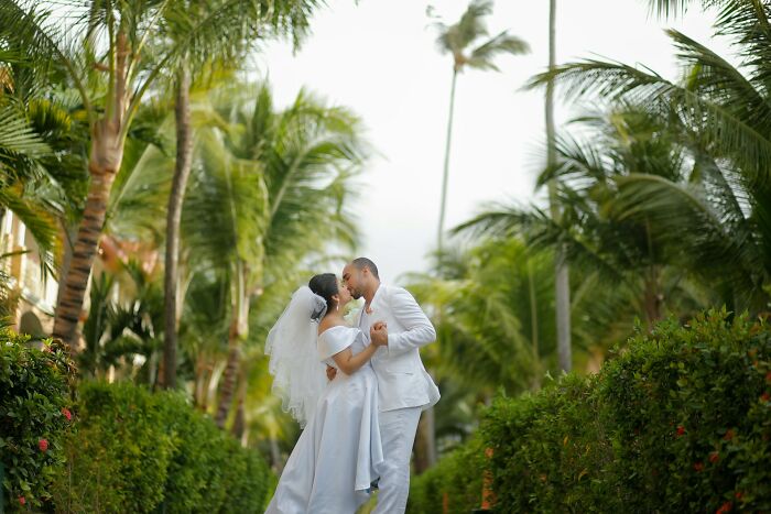 A bride and groom kiss in a tropical garden, surrounded by lush greenery and palm trees, captured in a serene wedding moment.