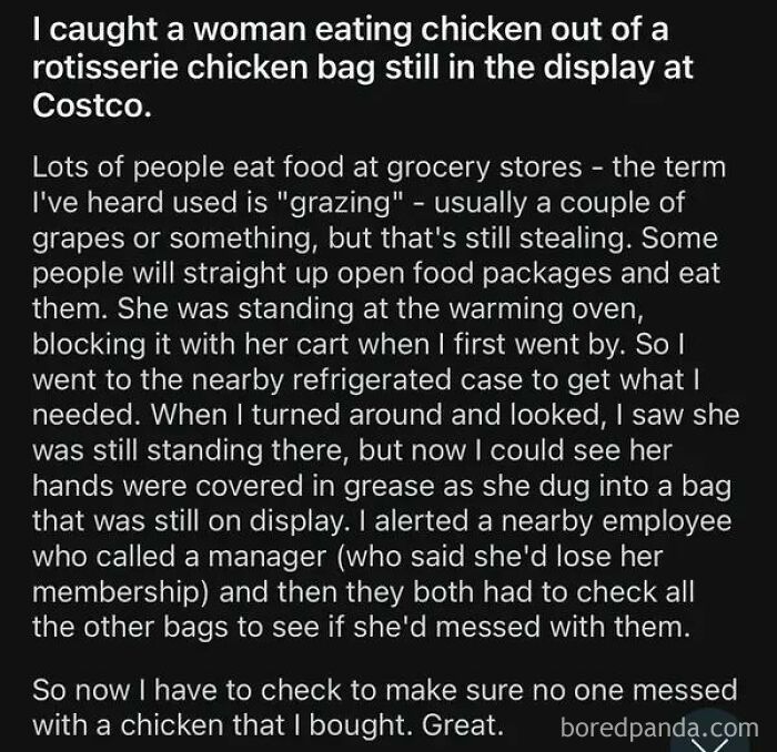 "A woman seen eating chicken at Costco display, highlighting entitled behavior in grocery stores."