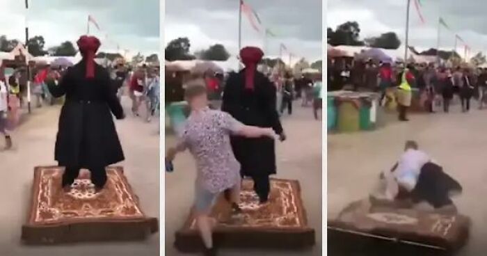 Person disrupting a floating carpet performance in a crowded outdoor festival, illustrating entitled behavior.