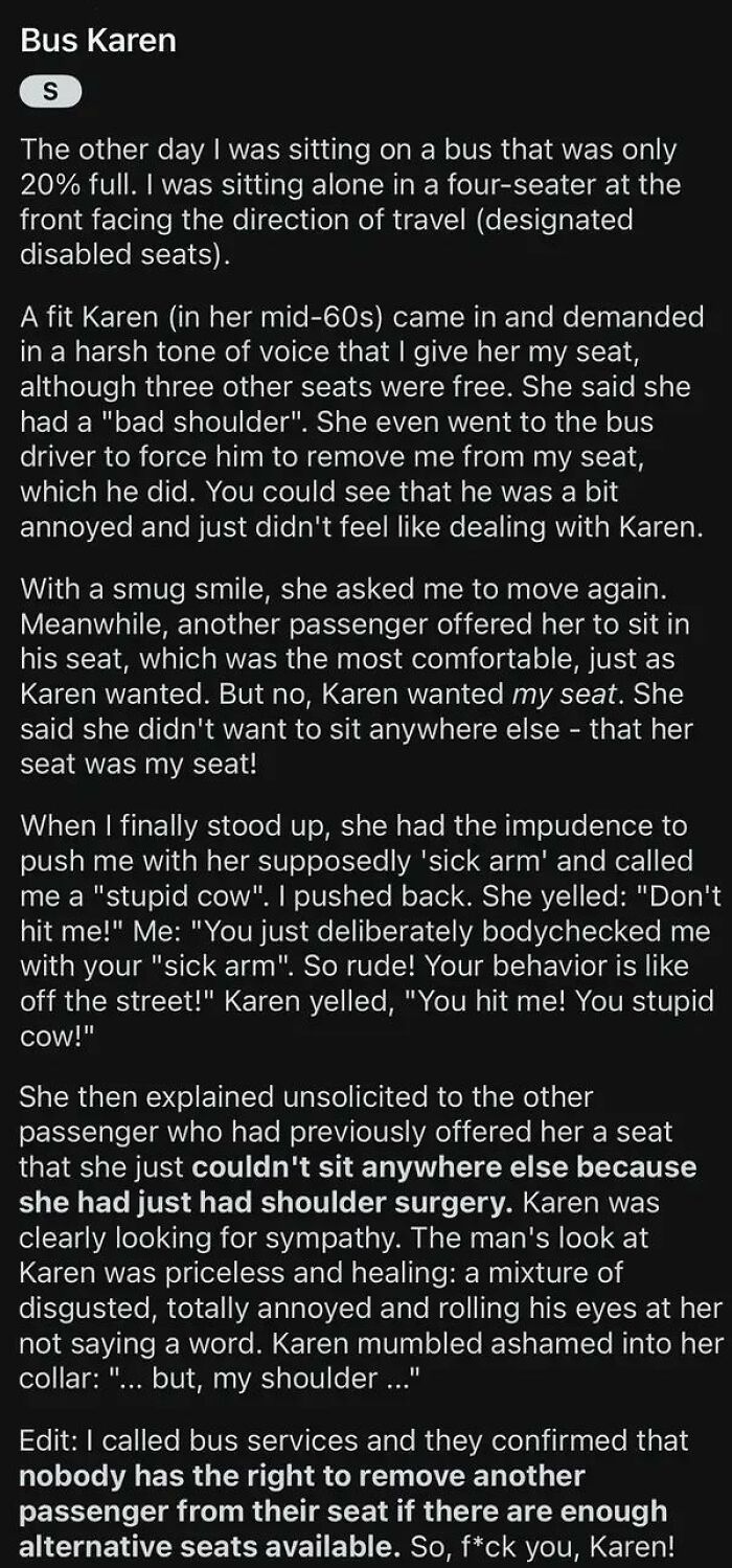 Text description of an entitled person demanding a specific bus seat, arguing with passengers and driver.