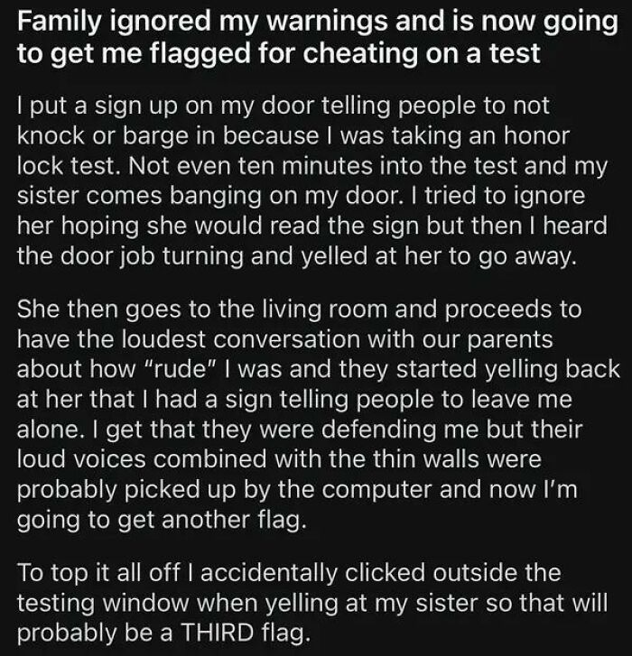 Text screenshot about entitled people, discussing being flagged for cheating during an online test due to family interruptions.