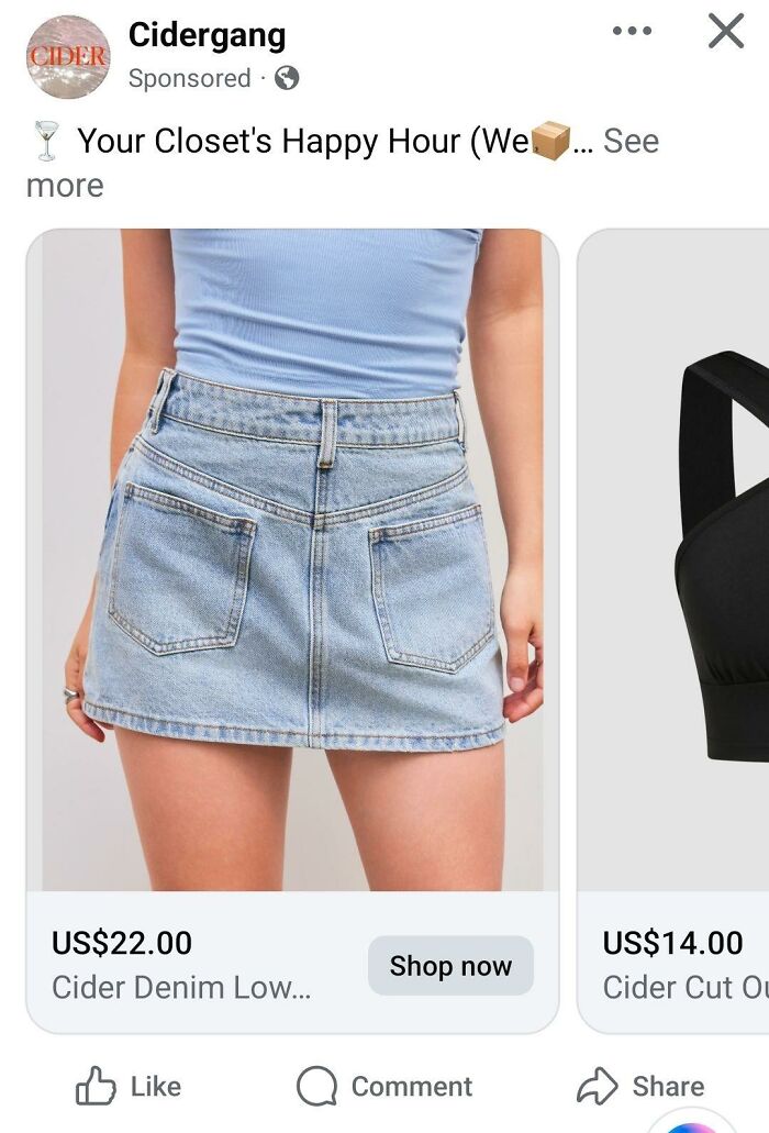 Denim skirt fashion ad showing a light blue top. Price tag $22, available for shopping online.