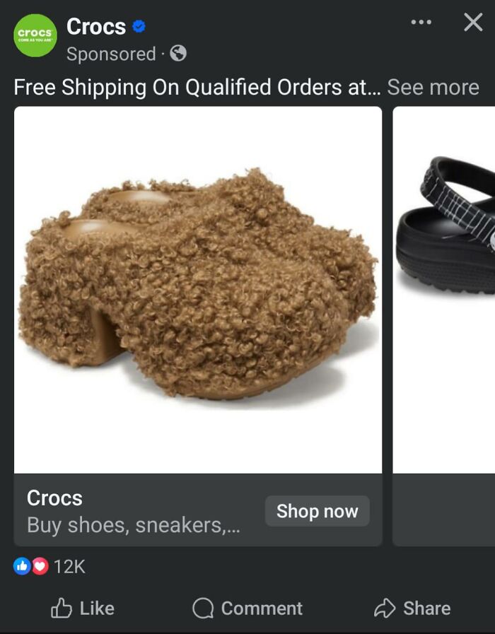 Fuzzy Crocs featured as fashion disasters on Facebook page.
