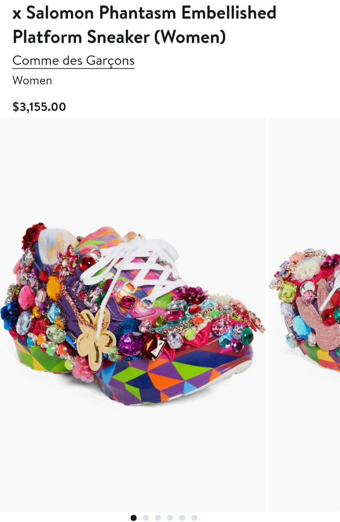 Women's embellished platform sneaker covered in colorful gems. Fashion disaster example.