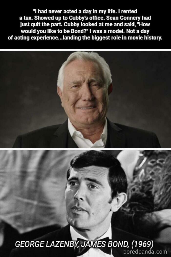 Man who cheated the system to become James Bond, smiling confidently in a suit, alongside black-and-white film photo.