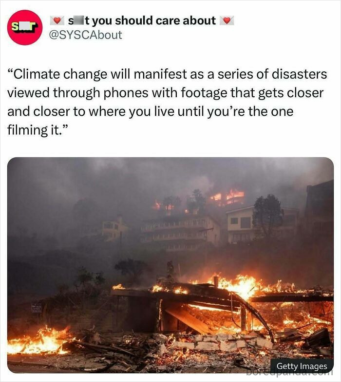 Burning buildings with smoke highlighting climate change impact. Text on top discusses disaster awareness.