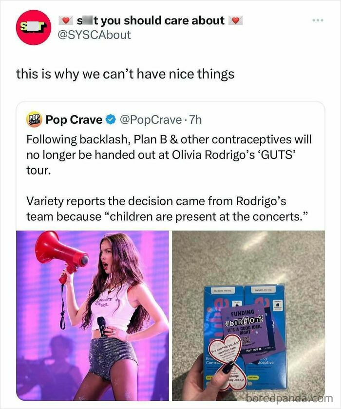 Pop Crave tweet discussing concert contraception policy change, highlighting public reaction for Stuff You Should Care About.