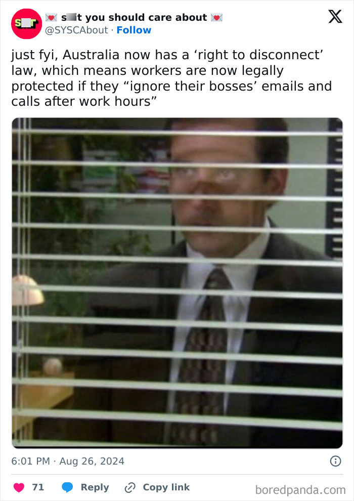 Person in suit standing behind blinds, associated with wholesome and important posts about work-life balance.