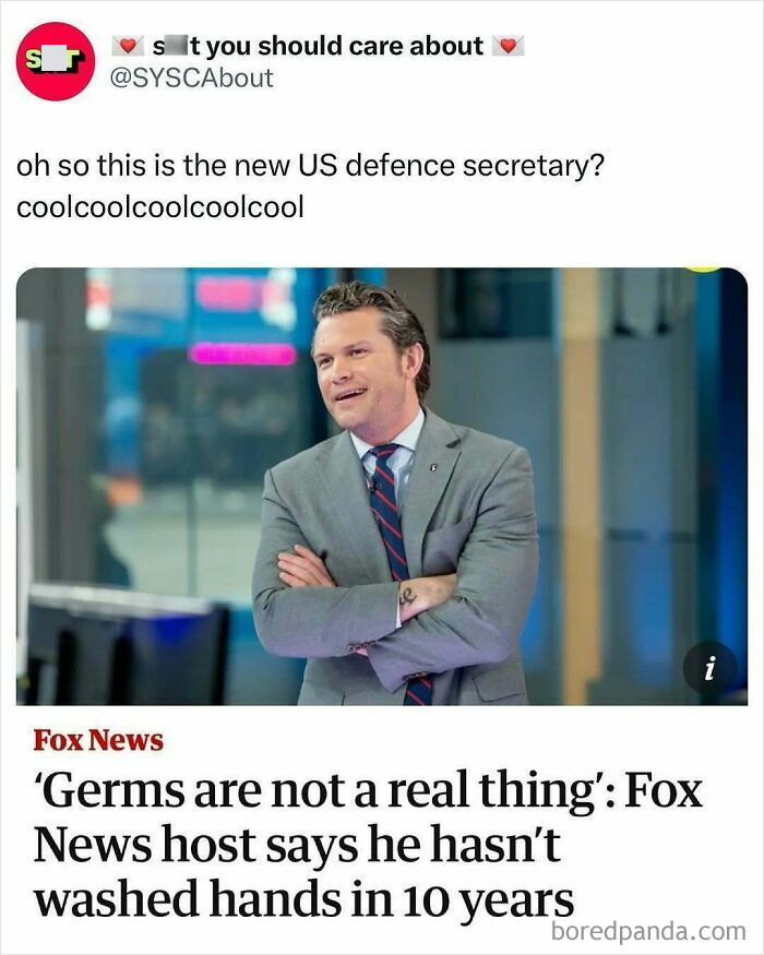 Man in a suit speaking on Fox News, with humorous caption from "Stuff You Should Care About" about germs.