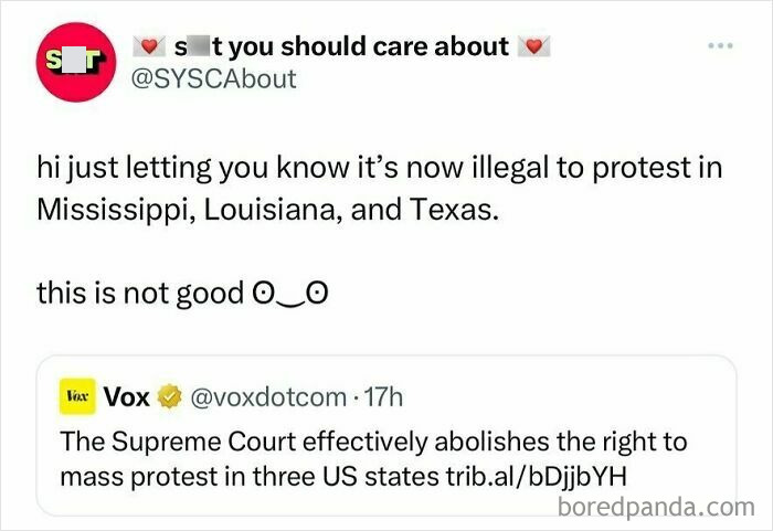 Tweet by SYSCA highlights the Supreme Court ruling against protests in Mississippi, Louisiana, and Texas.