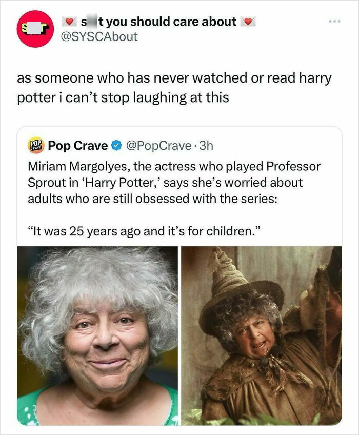 "Wholesome post about Harry Potter nostalgia with two images of the actress who played Professor Sprout, Miriam Margolyes."