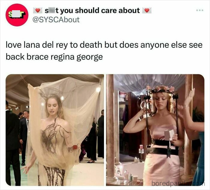 Two women side by side, one in a beige dress with a veil, the other in a pink dress and brace, shared by Stuff You Should Care About.