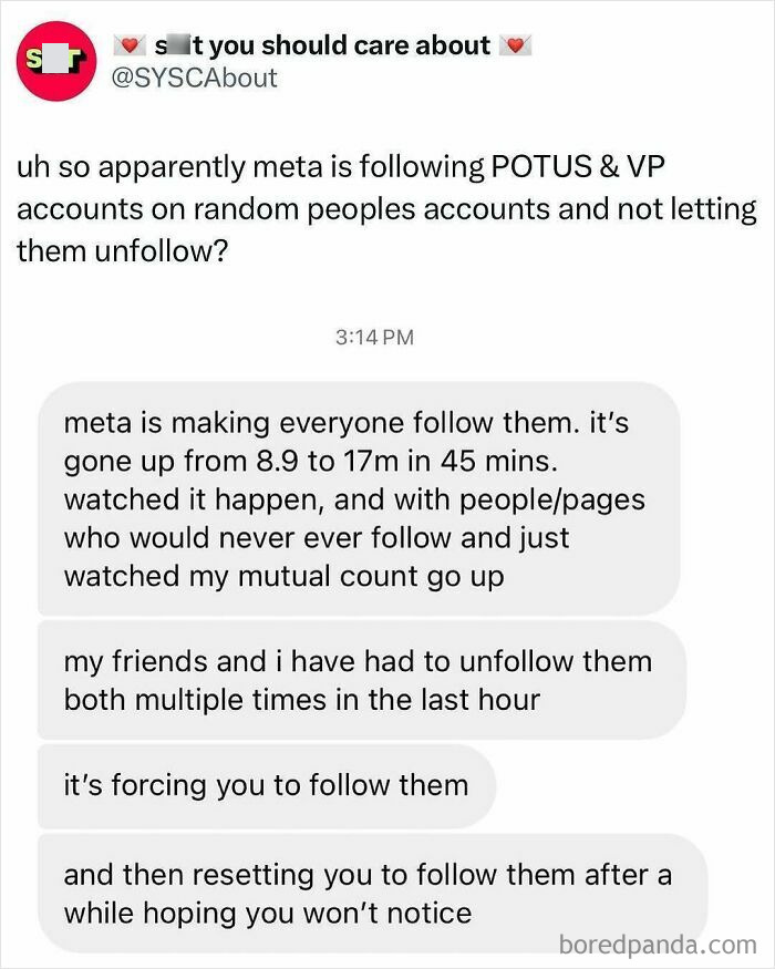 Text exchange discussing Meta auto-following POTUS and VP accounts. "Stuff You Should Care About" shares user frustration.