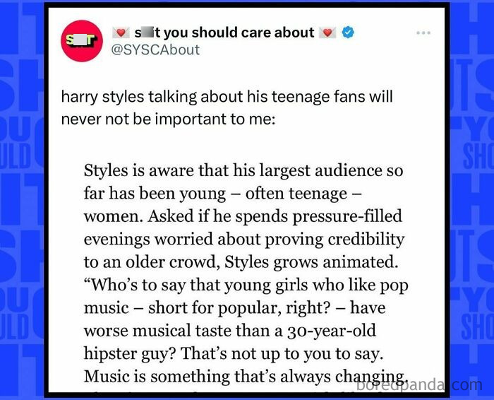 "Post from 'Stuff You Should Care About' on Harry Styles valuing his teenage fans, emphasizing their musical preferences."