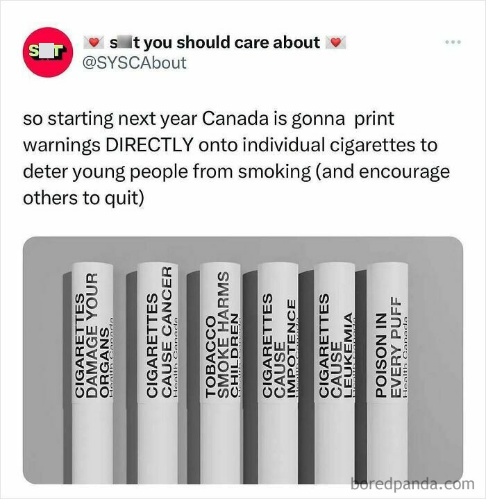 Cigarettes with printed warnings to deter youth from smoking, showing health risks like cancer and organ damage.