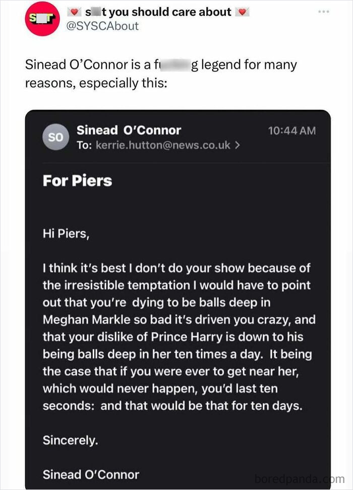 Email screenshot criticizing a TV host, highlighting important posts and a strong personal opinion.