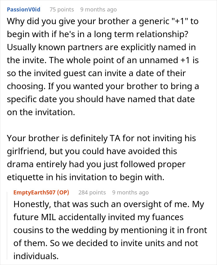 Discussion about wedding invitation etiquette regarding a brother's "+1" choice and its consequences.