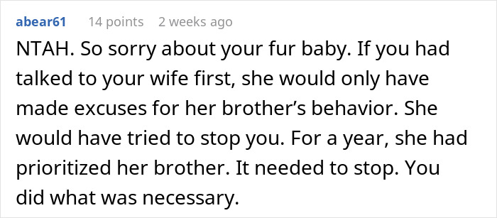 Online comment discussing brother-in-law mooching situation and necessary actions taken.