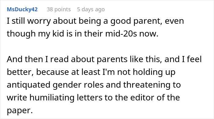 Reddit comment about parental worry and outdated roles in parenting discussions.
