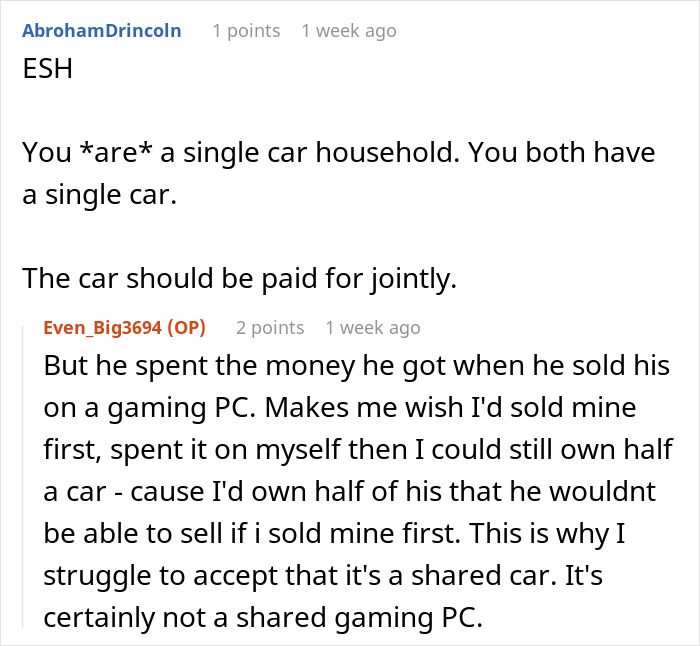 Discussion on whether car bills should be shared, mentioning selling a gaming PC for funds. Discussion on whether car bills should be shared, mentioning selling a gaming PC for funds.