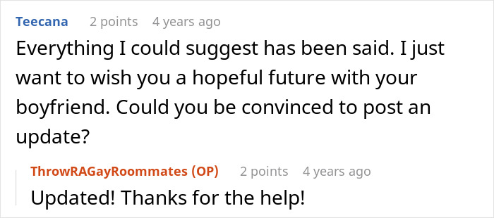 Comment wishing hopeful future with boyfriend; user responds with update, thanking for help.
