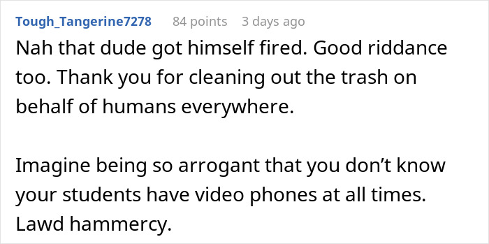 Text image of a comment discussing recording a professor making sexist remarks, leading to his firing.