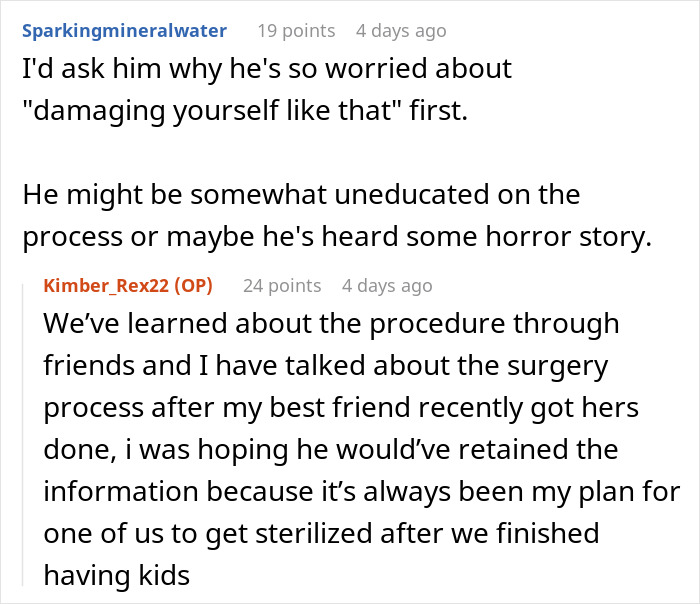 Discussion about sterilization and partner concerns in an online forum.