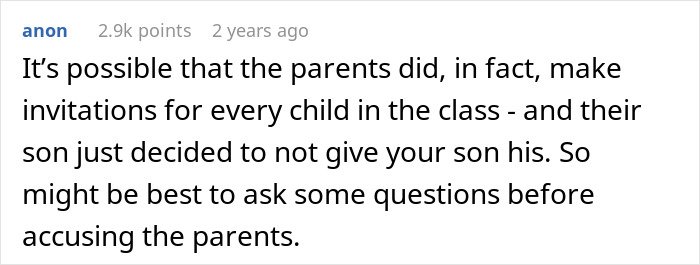 Online comment discussing a birthday party exclusion incident involving an 8-year-old.