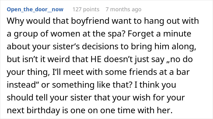 Text comment about lack of alone time with sister, mentions boyfriend always being around.