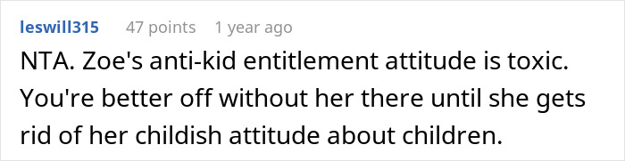 Reddit comment about a childfree friend being upset during a holiday, mentioning toxic attitude toward children. Reddit comment about a childfree friend being upset during a holiday, mentioning toxic attitude toward children.