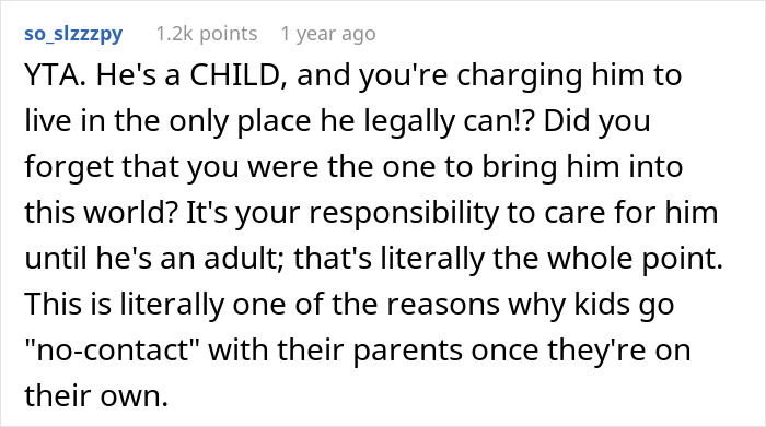 Comment criticizing charging rent to 17-year-old son earning a lot.