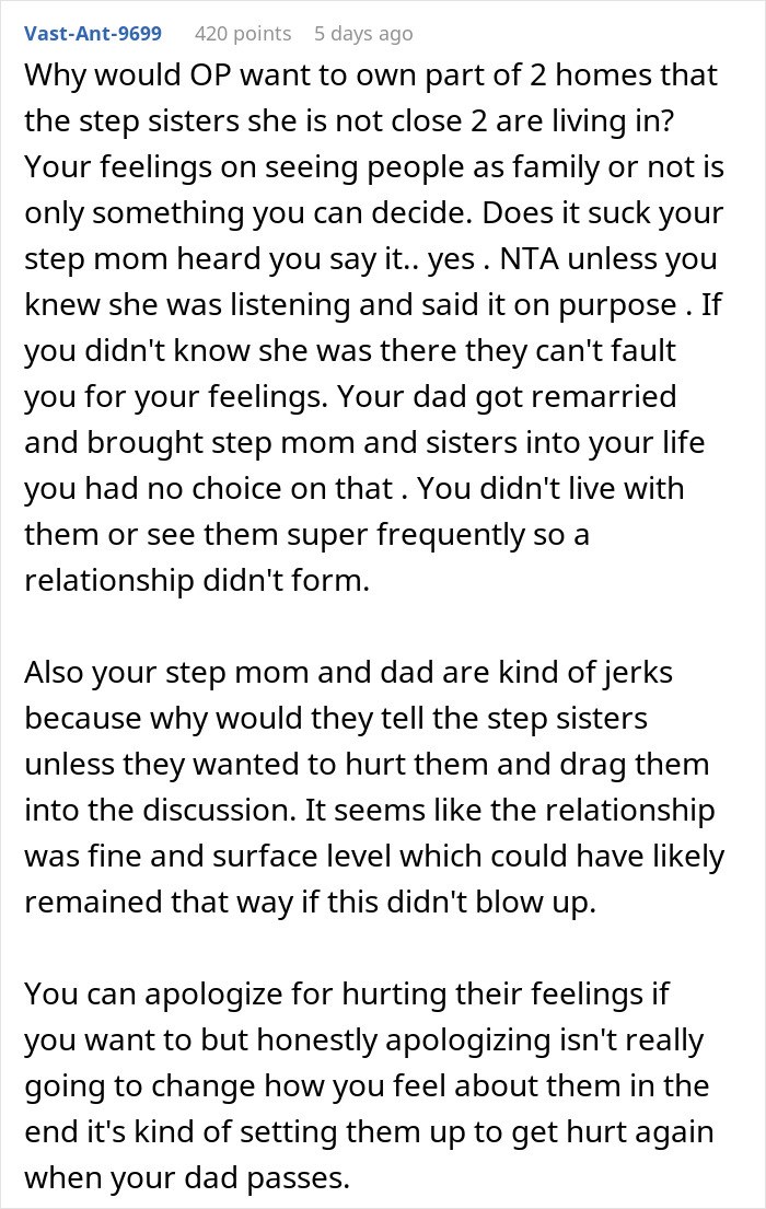 Text discussing drama over family disputes with stepmom and stepsisters, focusing on real family issues and personal feelings.