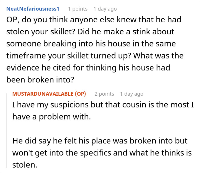Reddit conversation about a stolen skillet and suspicions regarding a cousin's actions.