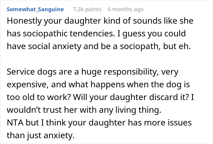 Text comment questioning responsibility for service dogs and discussing social anxiety.