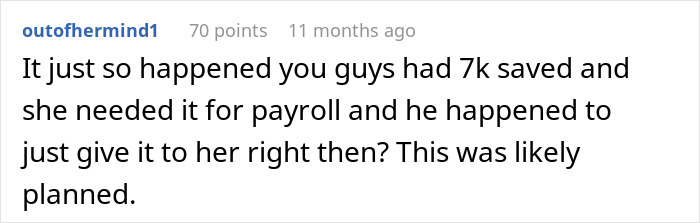 Forum comment questioning a $7k loan for payroll, implying it was planned.