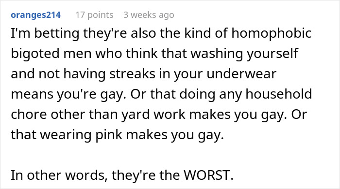 Comment discussing homophobic stereotypes and gender norms, highlighting prejudices.