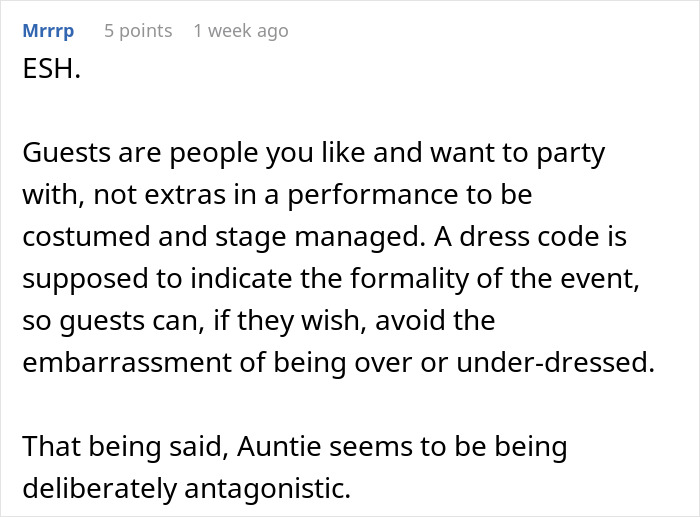 Comment discussing Sweet 16 party rules, focusing on guest dress code and formality.