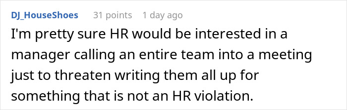 Comment about a manager forcing staff to wear business attire, mentioning HR interest.