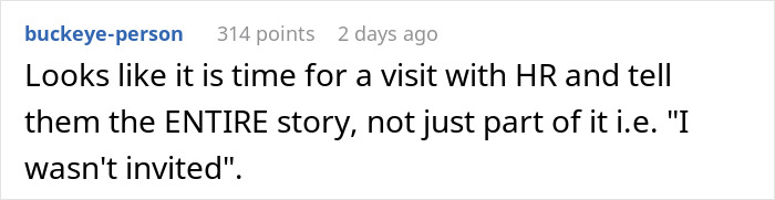 Comment discussing exclusion in office parties, suggesting involving HR for resolution.