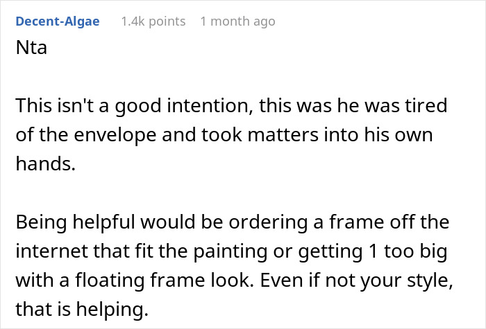 Text post discussing a woman's reaction to her boyfriend attempting to "fix" her artwork.