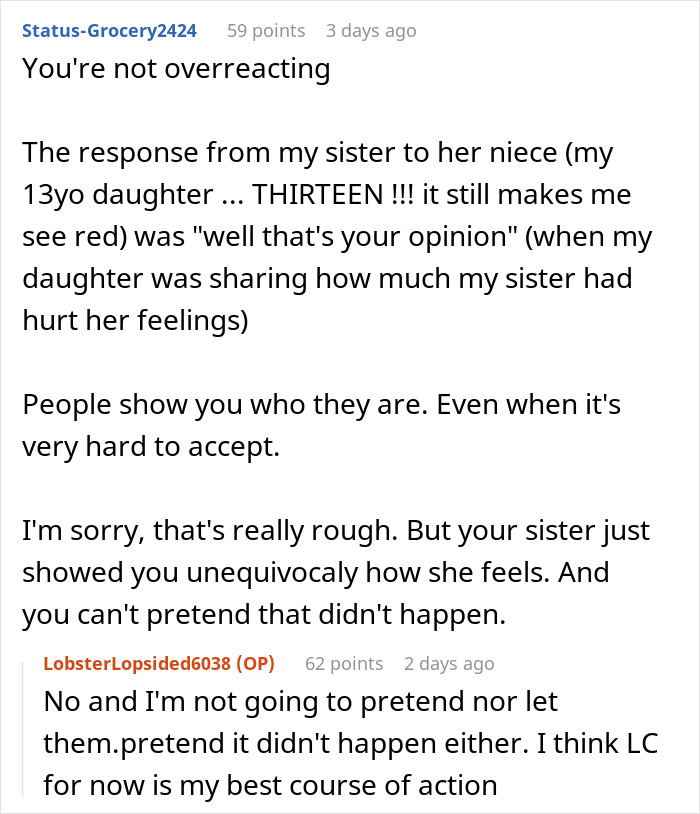 Screenshot of a conversation discussing family exclusion, featuring user comments on relationships and feelings.