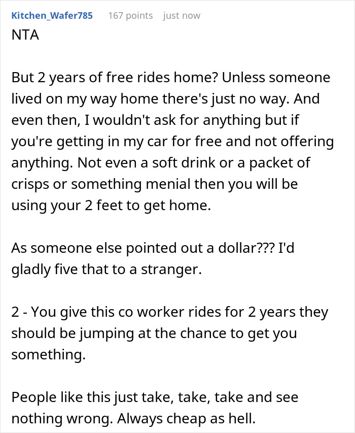 Reddit post discussing a coworker's reaction to ending free rides after 2 years over a dollar dispute.