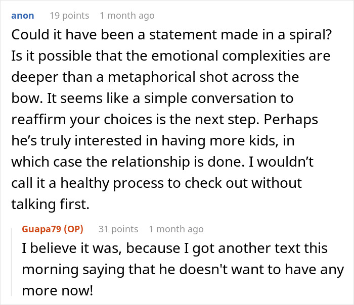 Text exchange about relationship issues and wanting kids, revealing emotional complexities and misunderstandings. Text exchange about relationship issues and wanting kids, revealing emotional complexities and misunderstandings.